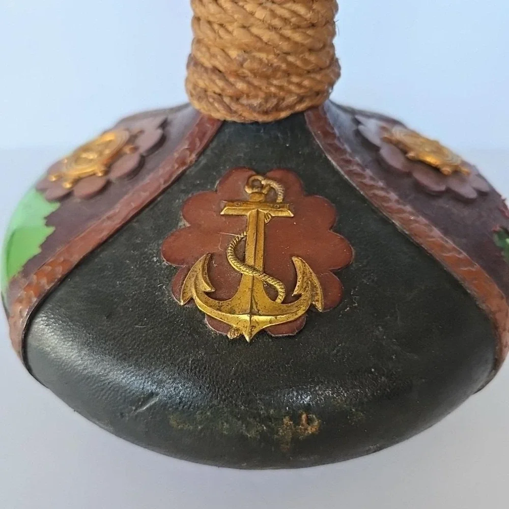 Vintage Italian Leather Wrapped Glass Decanter Nautical Anchor Ship‎ Wheel Decor